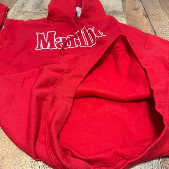 Vintage 90’s Marlboro Logo Red Drawstring Hoodie Sweatshirt Size L - Picture 12 of 13
